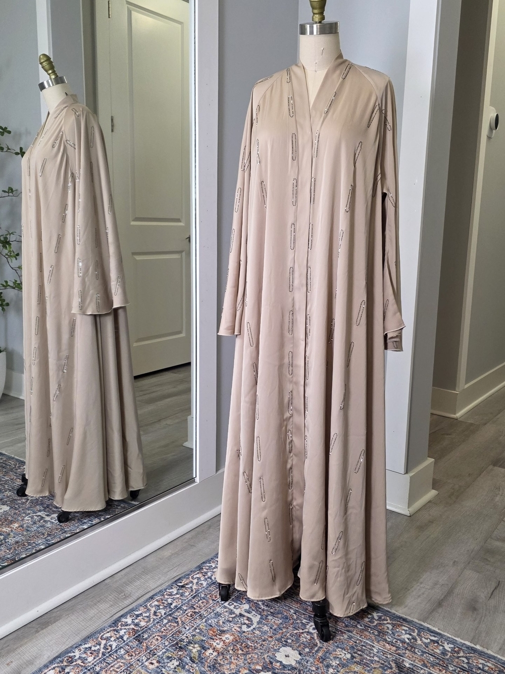Beige Long Sleeve Abaya with Self-Tie Belt - Picture 2 of 4
